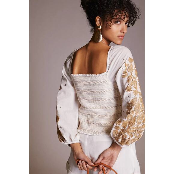 NWT Anthropologie Smocked Embroidered Top Size Small Cream Sequin Boho Chic - Picture 13 of 13